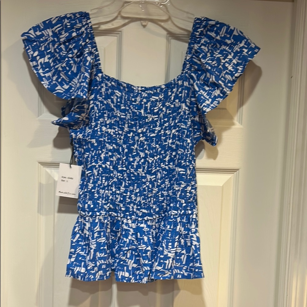 Japna Blue and White Smocked Ruffle Blouse - Picture 8 of 9
